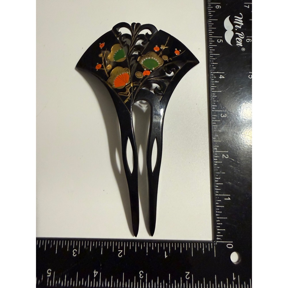 Japanese Kanzashi‎ Hair Comb Fan Black Hand Painted Floral Gold Orange Green